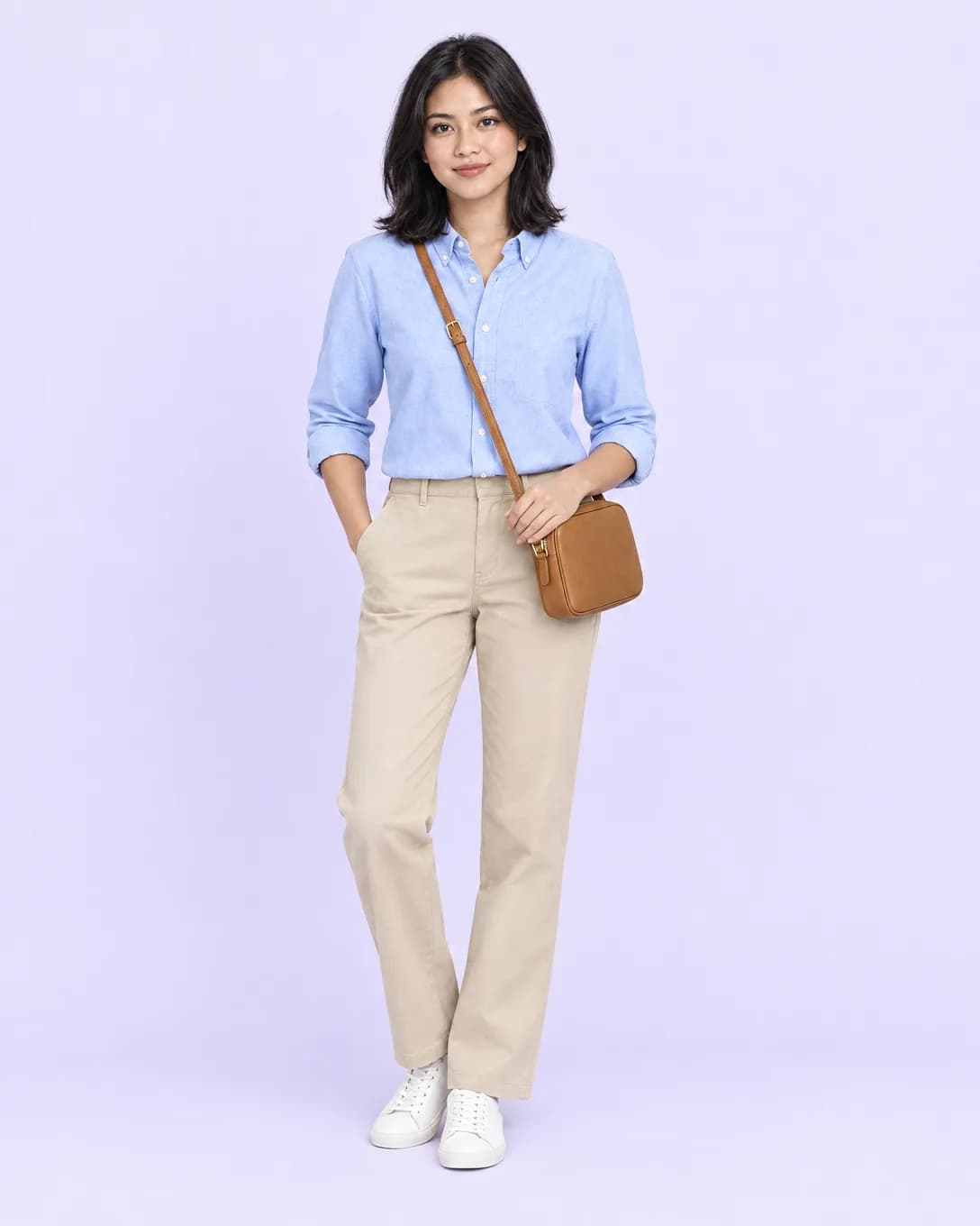 Karakter AI memakai kemeja biru, tas kulit, dan sneakers putih