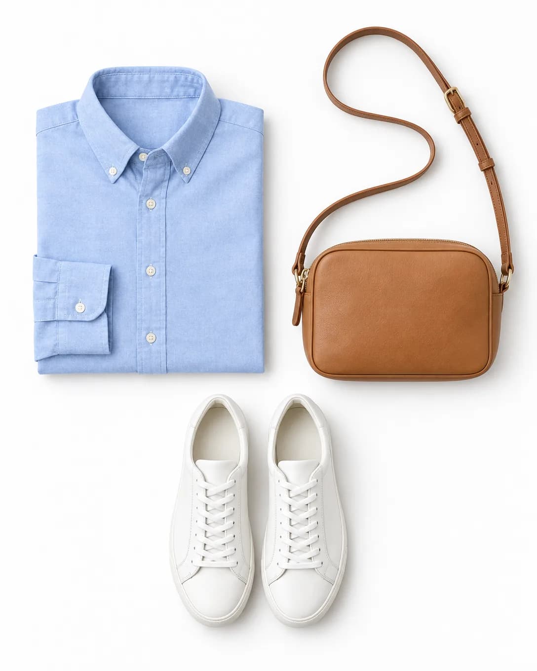 Flat-lay kemeja biru, tas kulit, dan sneakers putih
