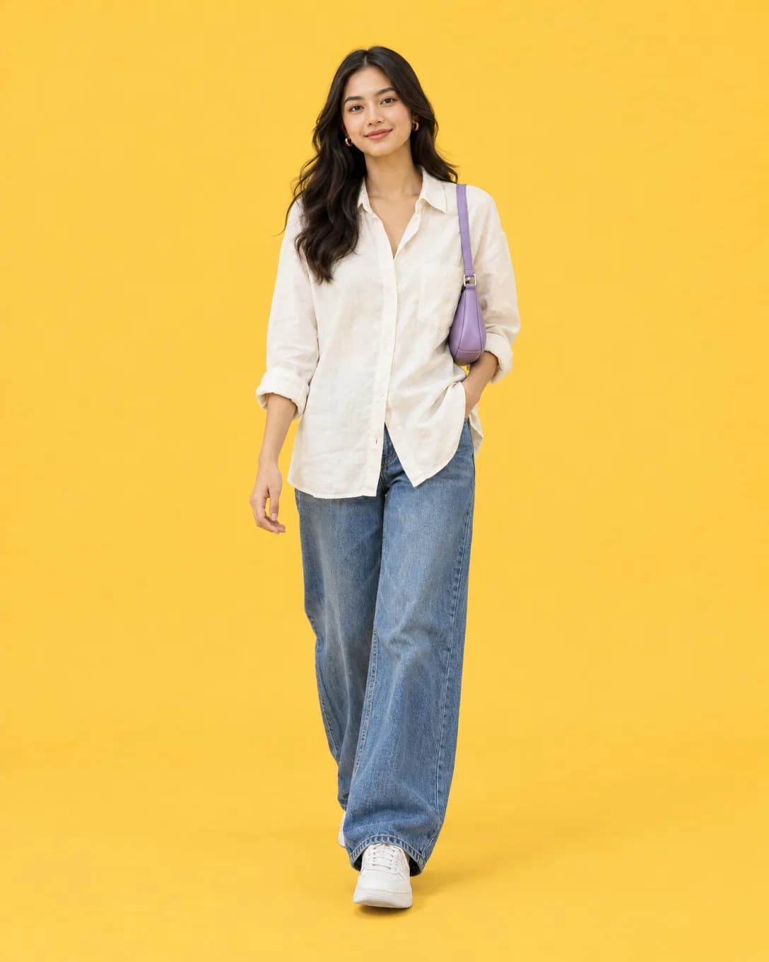 Model AI memakai kemeja linen, celana denim, tas violet, dan sneakers putih