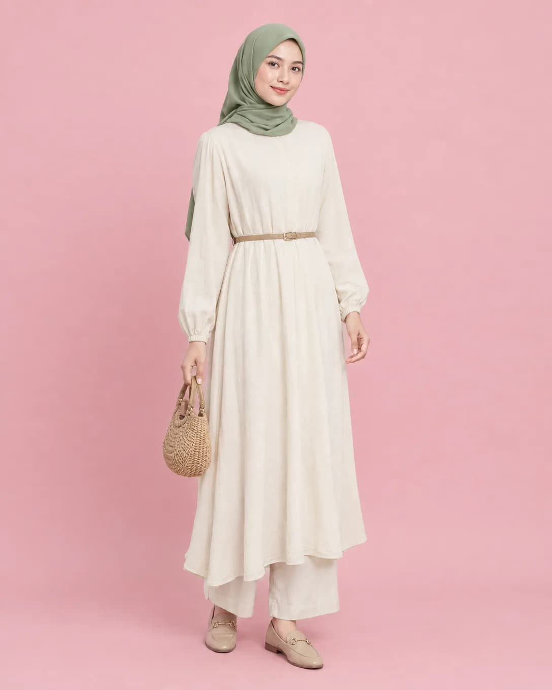 Model berhijab hijau sage dengan tunik krem